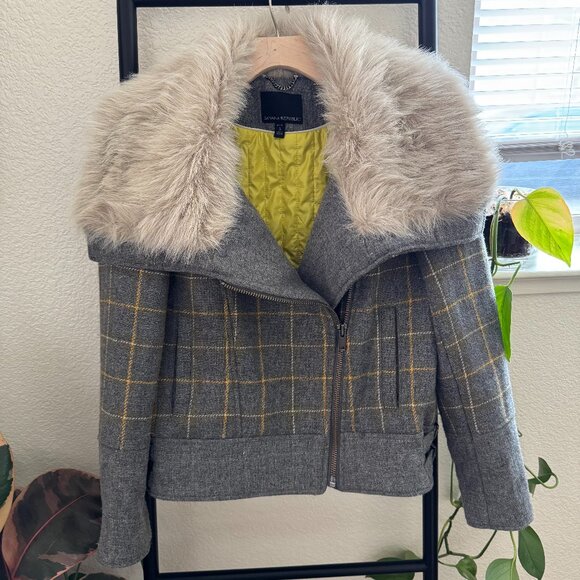 NWOT Banana Republic Faux Fur Plaid Check Moto Jacket Coat Size Petite Small - Picture 1 of 11